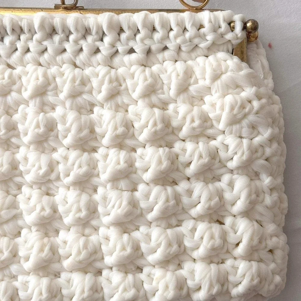 Vintage Crochet Macrame Handbag 1950s Silk-lined Bamboo Handle Kiss Lock Purse